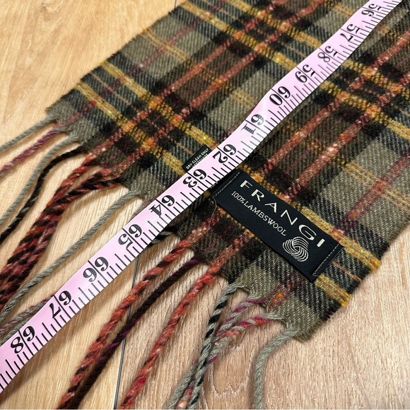 100% Wool Frangi Tartan Plaid Winter Scarf Moss Green Red and Yellow - Picture 4 of 7